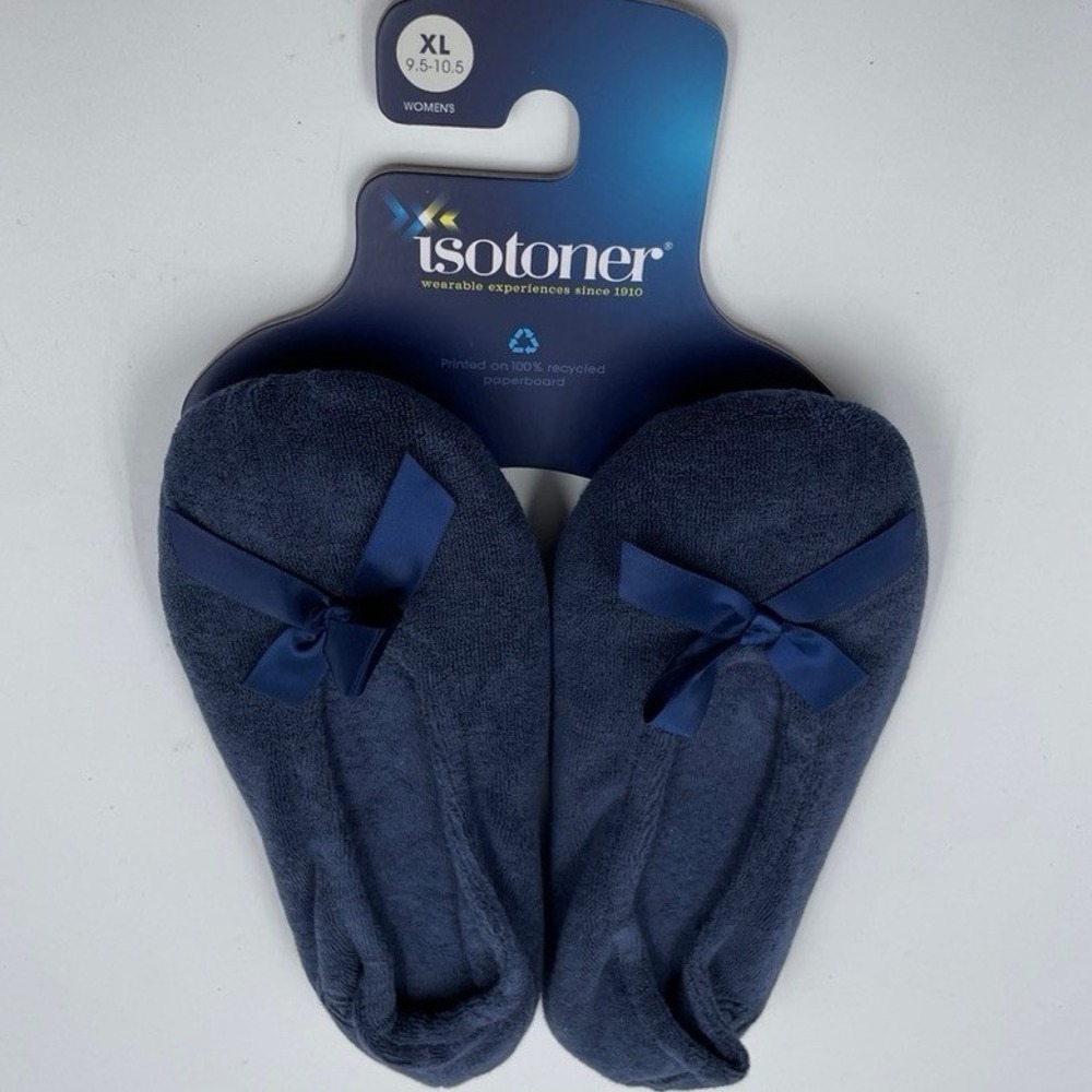 NWT Isotoner Womens Navy Blue Terry Cloth Ballerina Slippers Bow XL 9.5-10.5